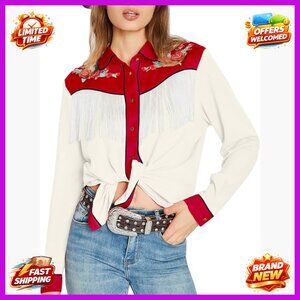 Women's Floral Embroidered Fringe Western Shacket Button Down Shirt